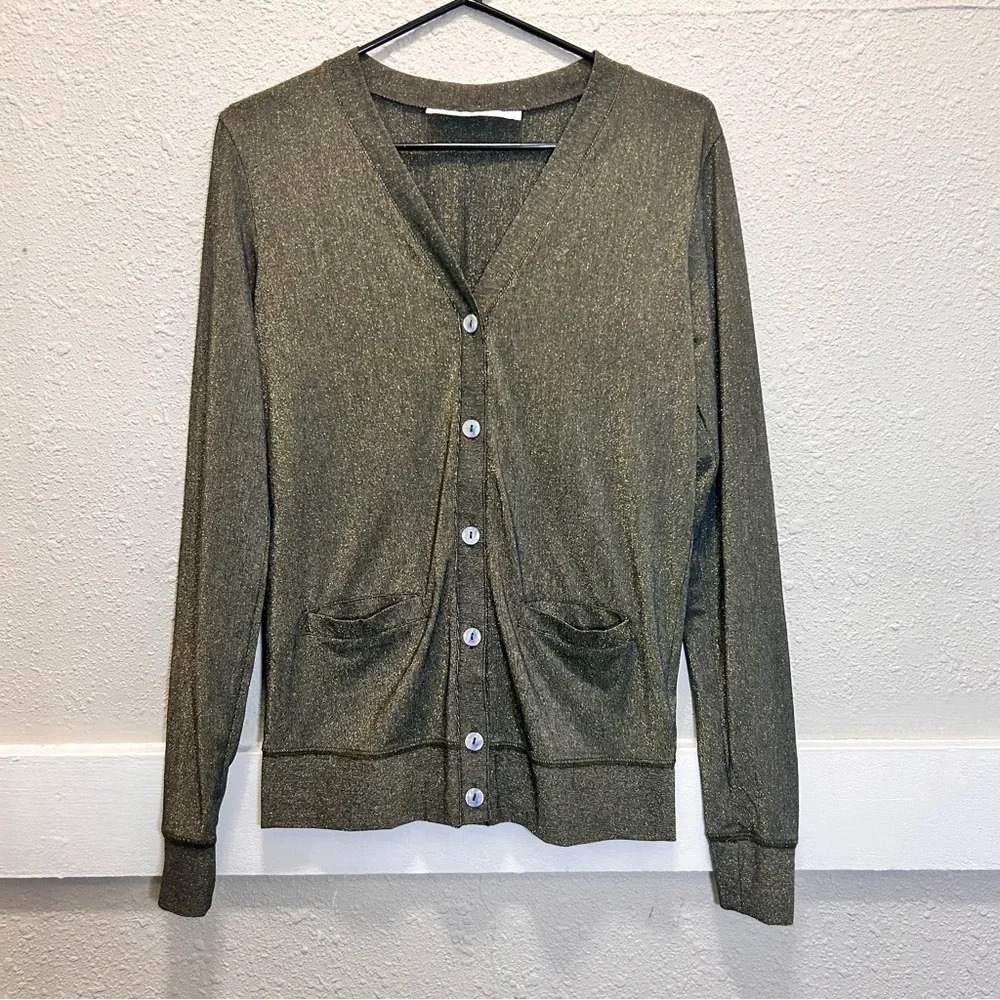 Free People Olive Green Metallic Button-Up Cardigan